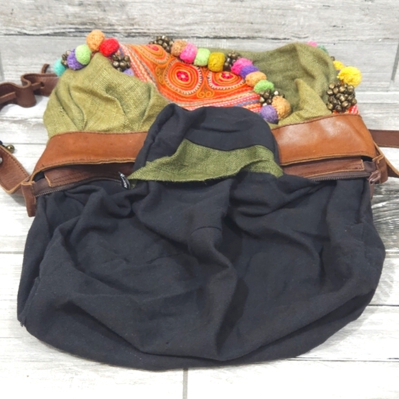 HANDMADE Boho/New Age Leather Linen Pom-Pom Bell Detail Crossbody Style Handbag - Picture 9 of 16